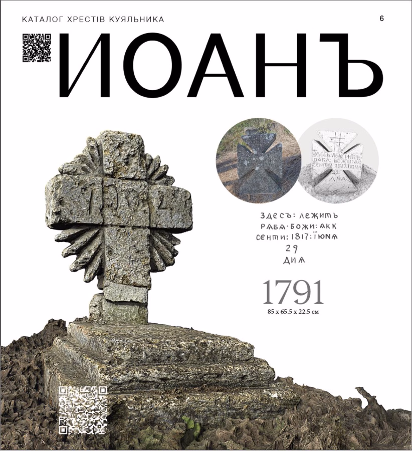 Spread of the Kuialnyk crosses catalogue: the 1791 cross with its inscription and QR codes